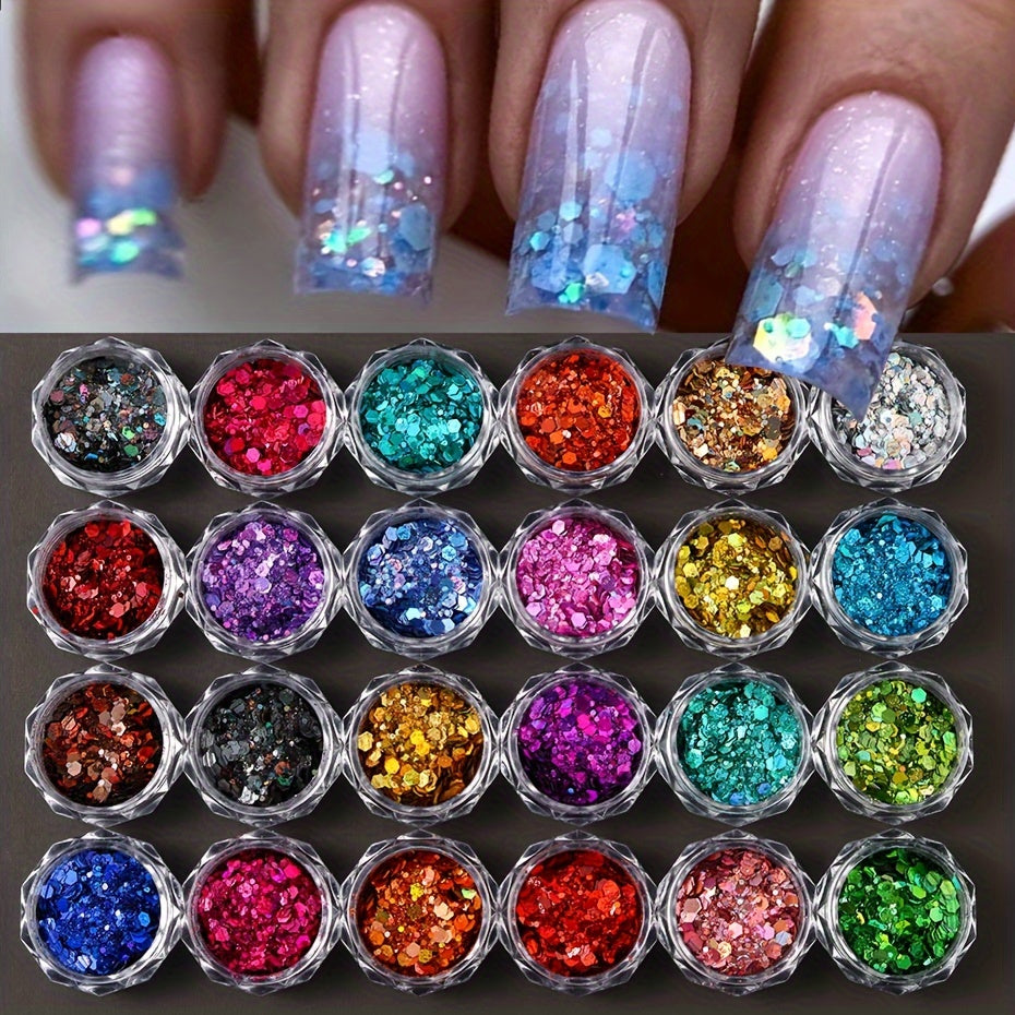 24pcs Hypoallergenic Hexagon Nail Glitter Sequins - Iridescent, Holographic Flakes for Stunning Manicures & Crafts - Assorted Colors, FULL BEAUTY